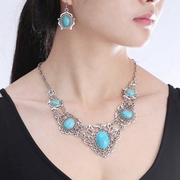 Jewelry - Tibetan Silver Turquoise Necklace & Earrings Set